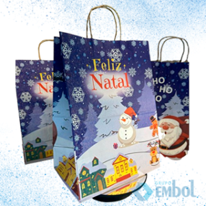 SACOLA DE PAPEL FELIZ NATAL AZUL PLUMA C/10