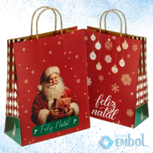 SACOLA DE PAPEL FELIZ NATAL VERMELHA PLUMA C/10